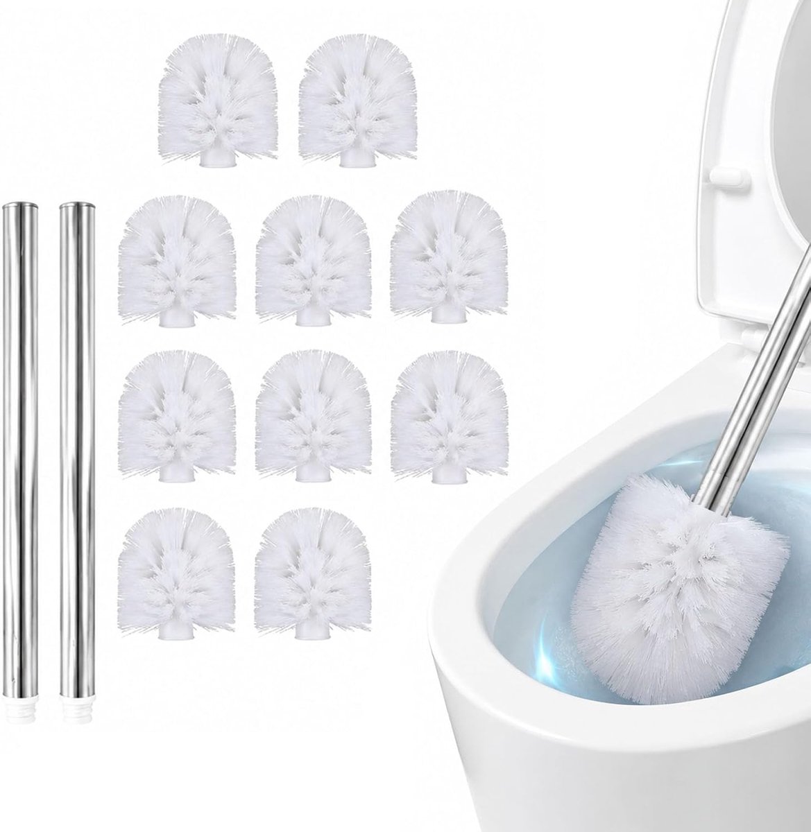 SnelShoppen - 10 stuks WC-borstelkoppen Ø 8 cm, reserveborstelkop voor toilet, inclusief 2 roestvrijstalen handgrepen, 27 cm lang, vervangende toiletb