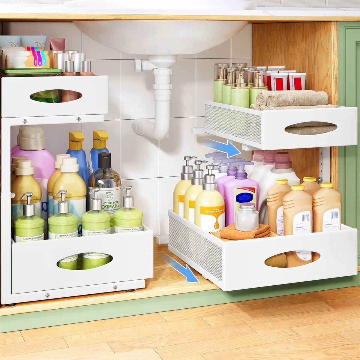 SnelShoppen - Kitstorack Opbergruimte Onder Gootsteen - 2-Laags Uittrekbare Organizer met Antislip Pads en Gaasladen - Keuken, Badkamer, Waskasten - W