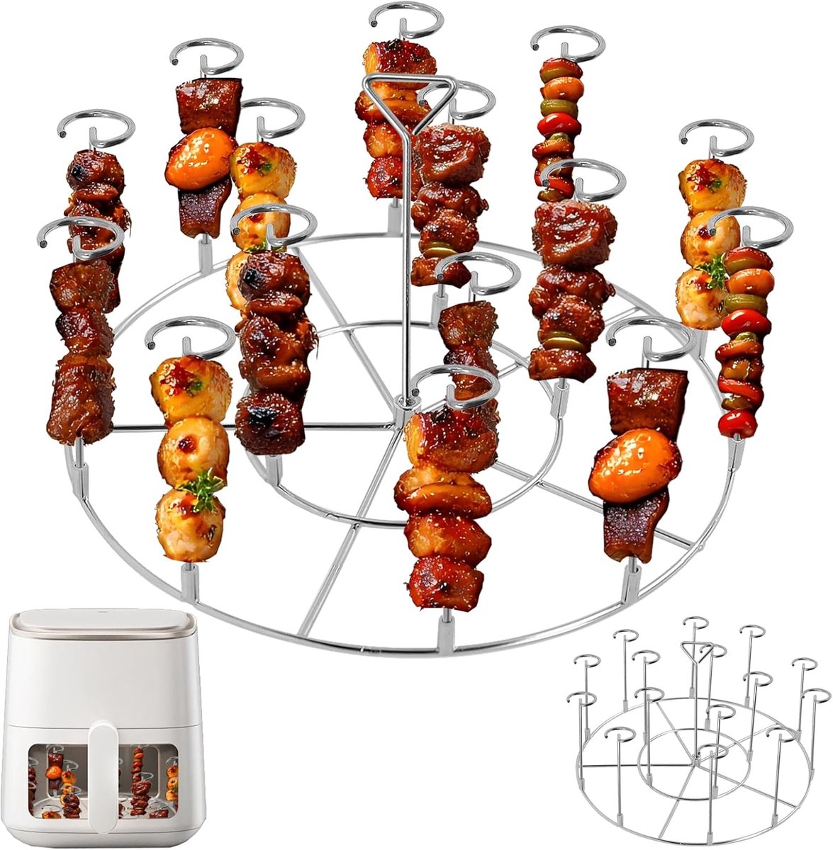 SnelShoppen - BBQ Shashlik Spiesen RVS Air Fryer Accessoires Set 24 Stuks + Grill Rek - Geschikt voor Hot Air Fryer Oven - Perfect voor Barbecue, Tuin