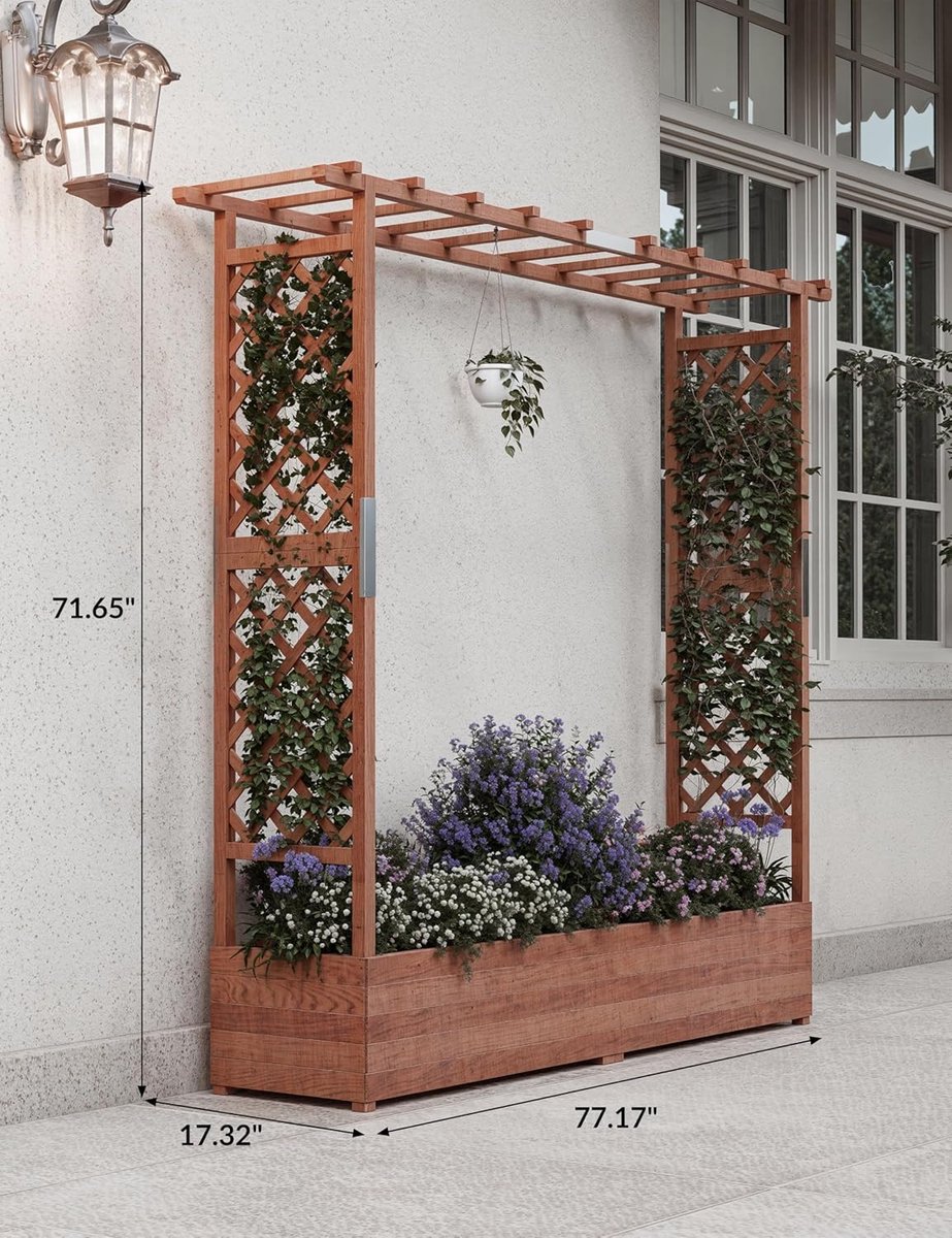 Tuinbak met latwerk - Grote houten verhoogde tuinbak - Overkapping - 4 afwateringsgaten - Privacyscherm van sparrenhout - 196×44×182 cm
