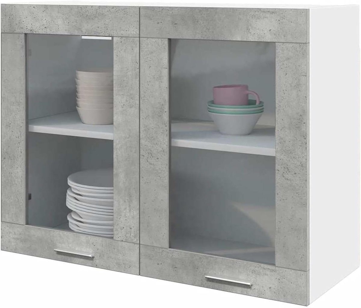 Glazen Hangkast - Keukenkast Opzetkast - Keuken Opbergen - Hoge Belastbaarheid - 80 x 60 cm - Betongrijs