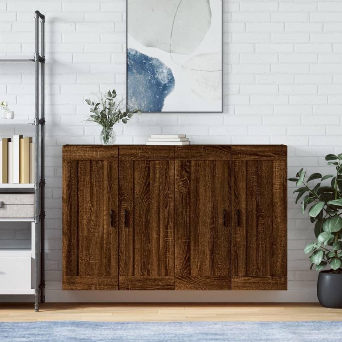 Wandkast Hout - Hangend Dressoir - Opbergen Woonkamer - Vier Deuren - 695 cm Breed - Bruin Eiken
