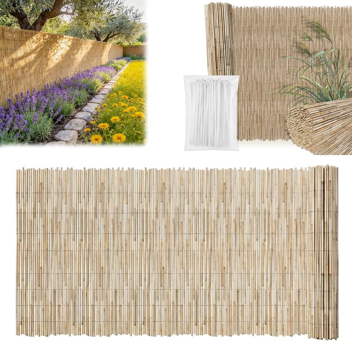 Rieten mat Reetzaun inkijkwerende mat 193 x 300 cm, natuurlijke inkijkbescherming van riet, rietmat, luchtdoorlatend en lichtdoorlatend, incl. 50 kabelbinders, voor tuin, terras en balkon