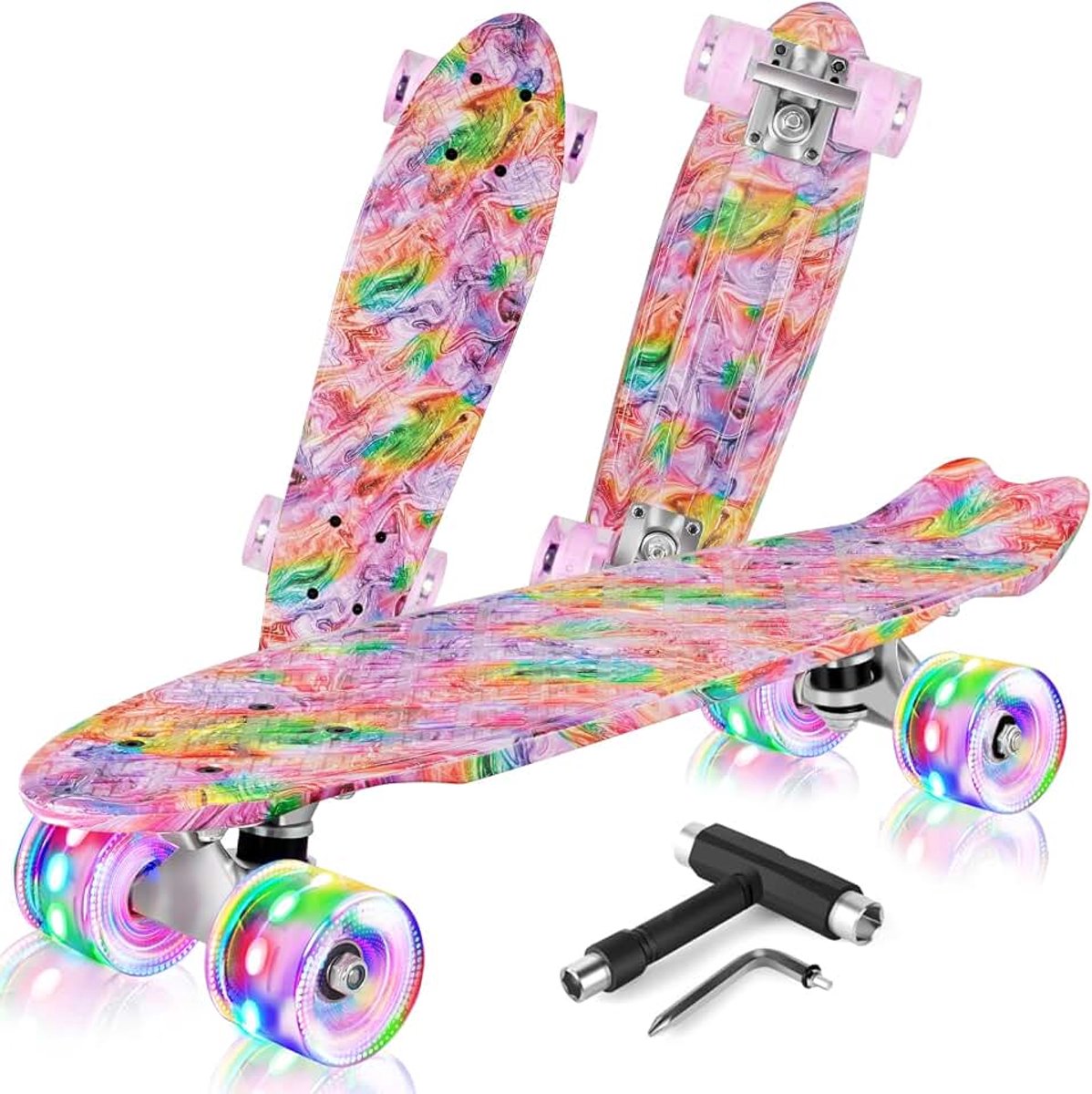 Skateboard voor kinderen, 56 cm, cruiser, skateboard, meisjes en jongens, beginners, jongeren, volwassenen, led-lichtwielen, mini-compleet board met all-in-one skate tool