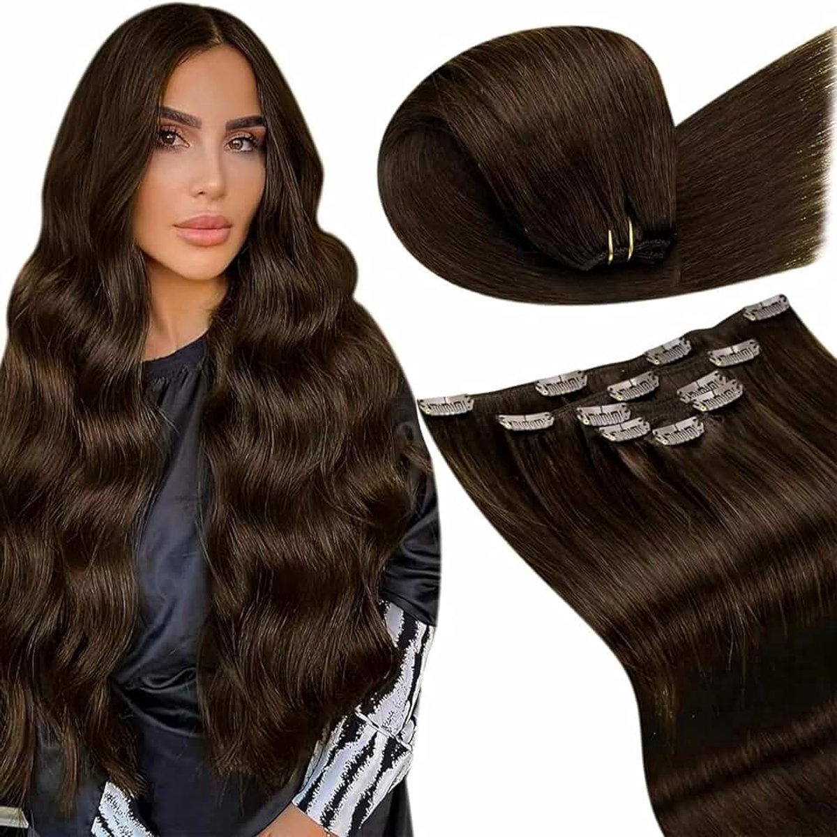 Clip in Hair Extensions Human Hair 5 Stuks 80g 35 cm Donkerbruin Hair Extensions #4