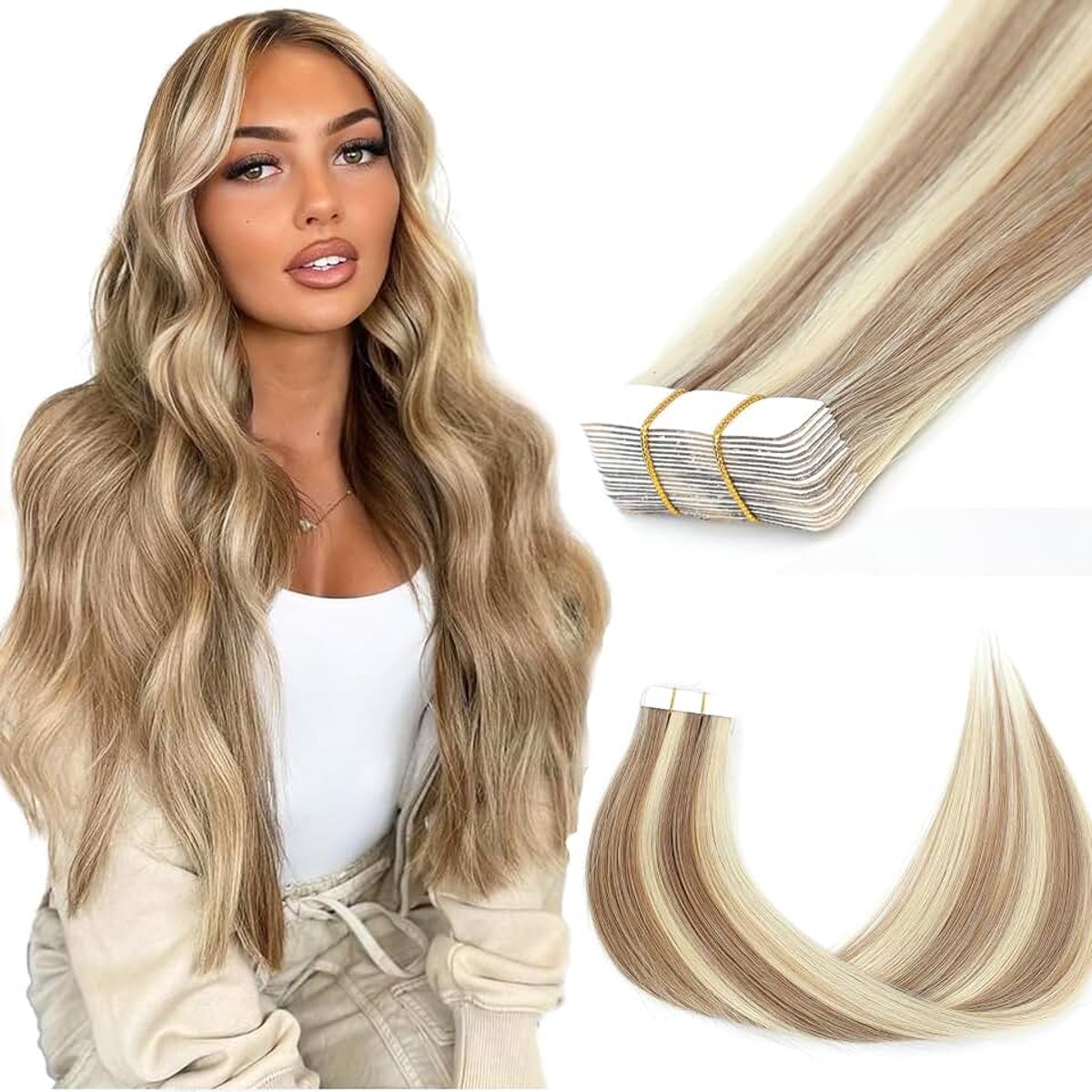 Haarextensies van echt menselijk haar, naadloos Remy haar, onzichtbare rechte tape-in haarextensie van menselijk haar, glad haarverlenging (8P613, 40 cm (16 inch) - 40 g)