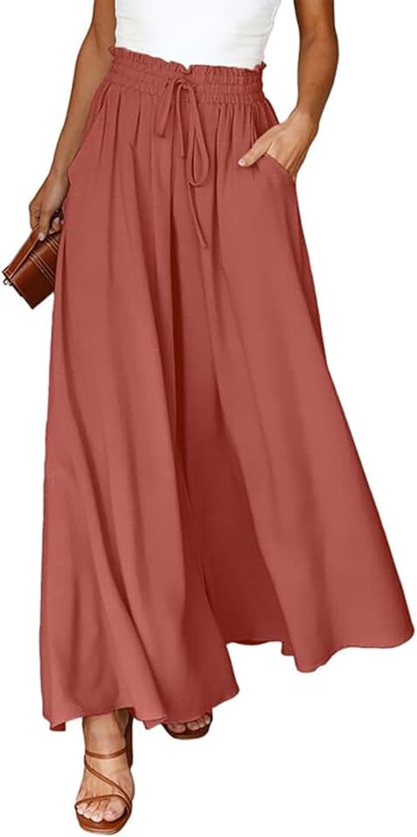 Palazzo Damesbroek, zomer, licht, casual, wijde broek, vrijetijdsbroek, elegant, effen, marlenebroek, brede pijpen, broek met hoge taille, elastische zakken, trekkoord
