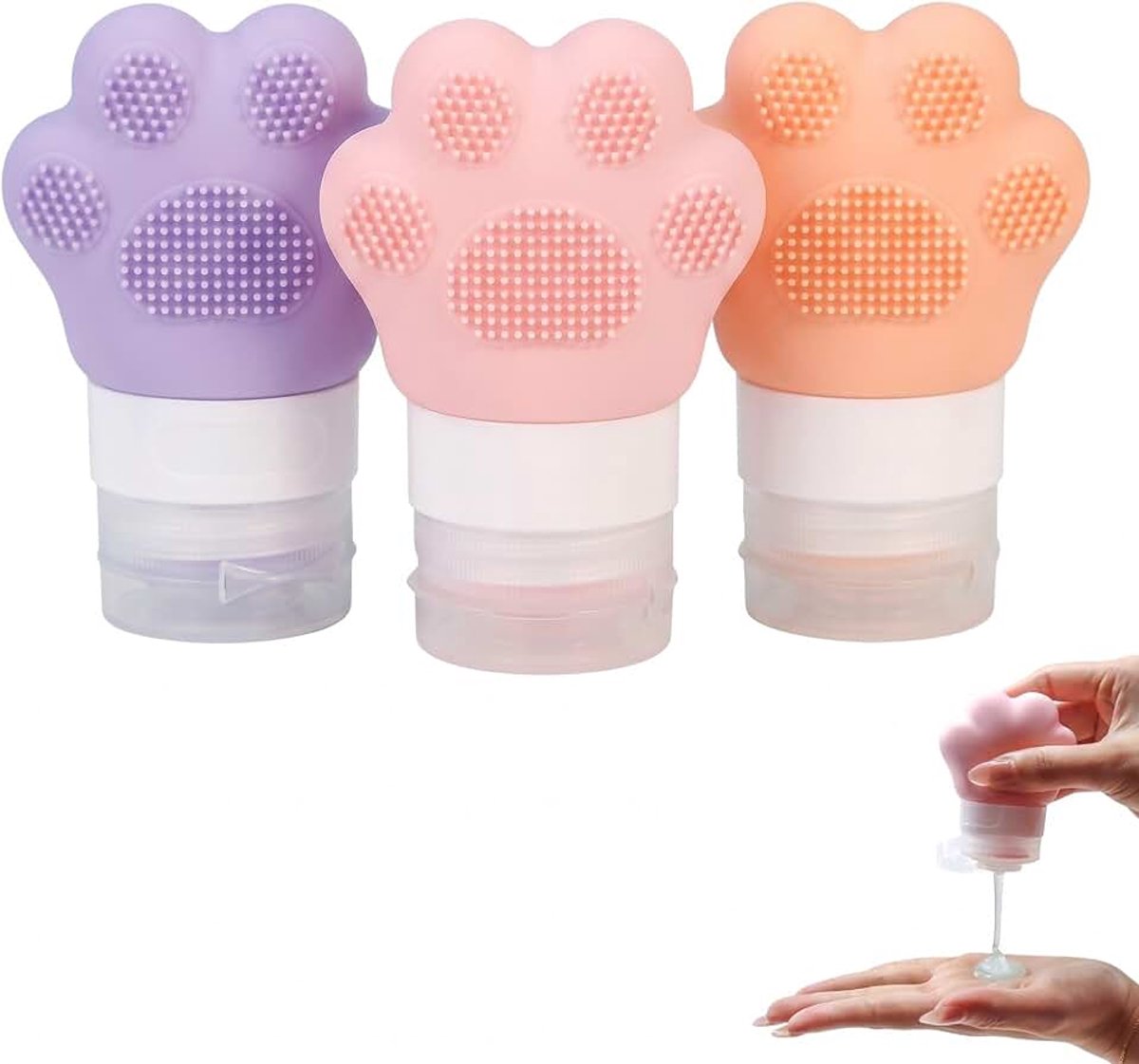 Reisflessen, 3 stuks, mor/roze/nar, pootafdrukontwerp, kat, lekvrij, flexibel, drukbaar, gel, lotionshampoo, vertrouwen, reizen, veilige handbagage
