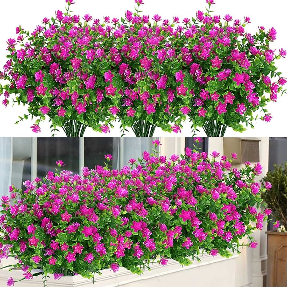Bloemen UV-bestendig kunstbuxusplanten, namaak groen voor binnen en buiten hangende planten voor tuin, veranda, venster doos, thuisbruiloft, boerderijdecor (magenta)