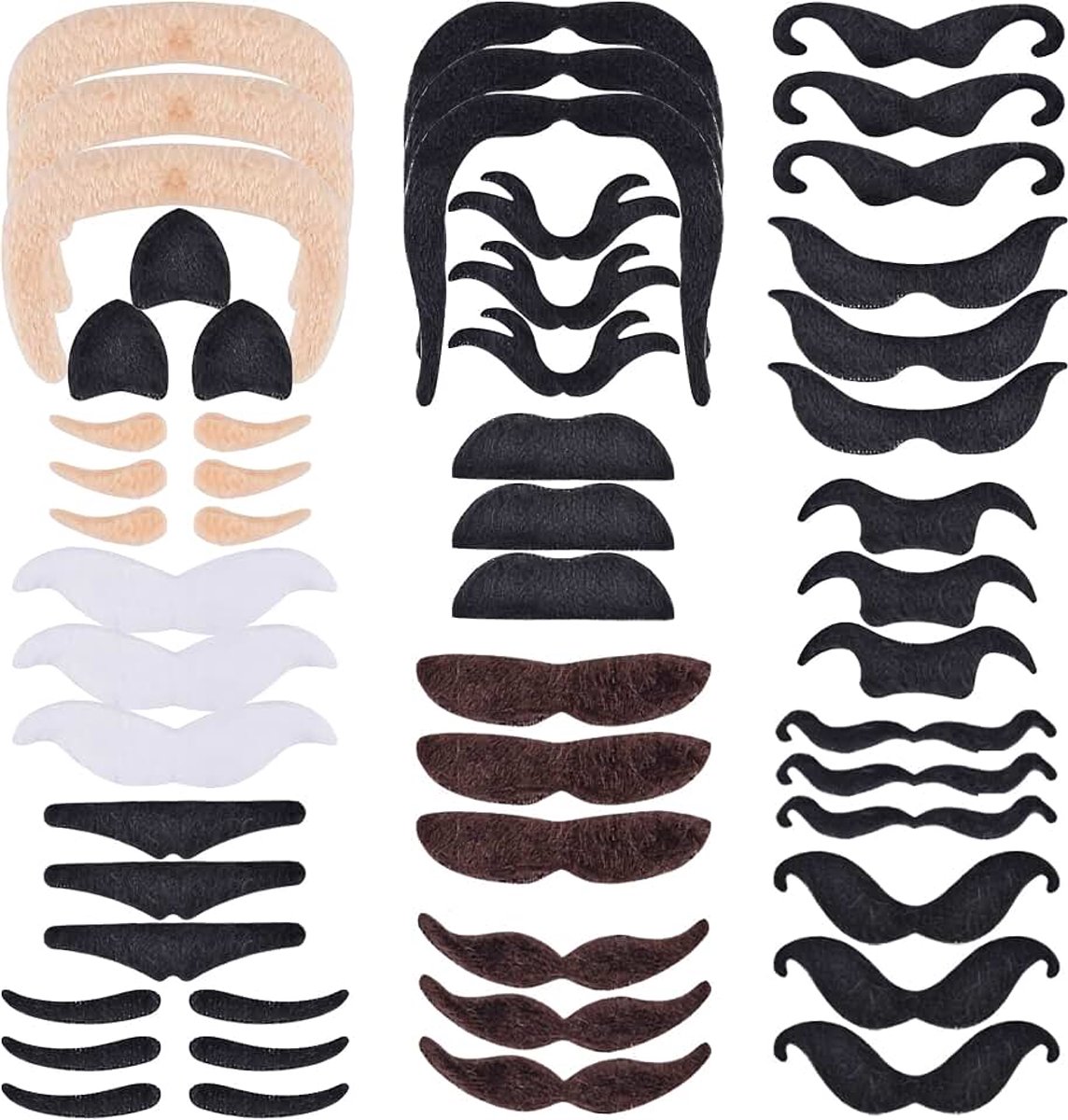 Valse baard 48 stuks zelfklevende snor set snor om op te plakken, valse baarden om op te plakken, snuit baard voor verschillende feesten, maskerades carnaval (16 stijlen)