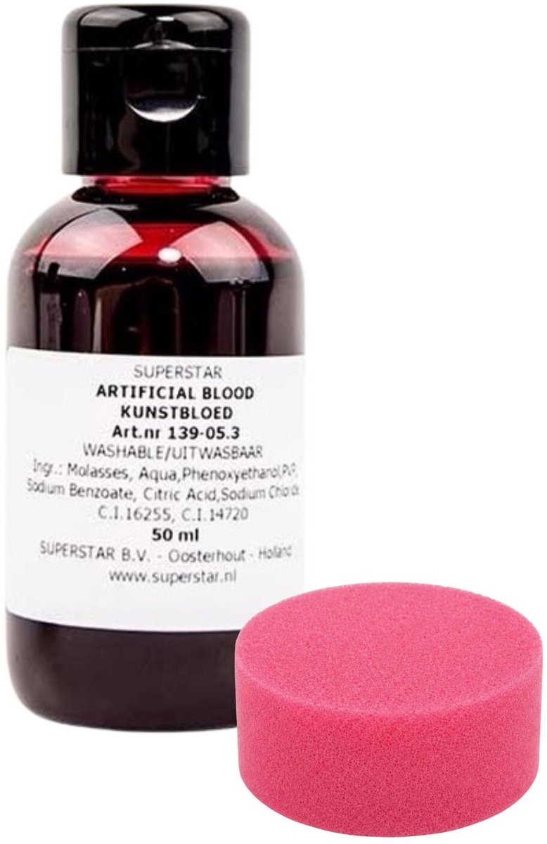 Superstar Flesje horror nepbloed met sponsje - 50 ml - Halloween verkleed make up - namaak bloed - filmbloed