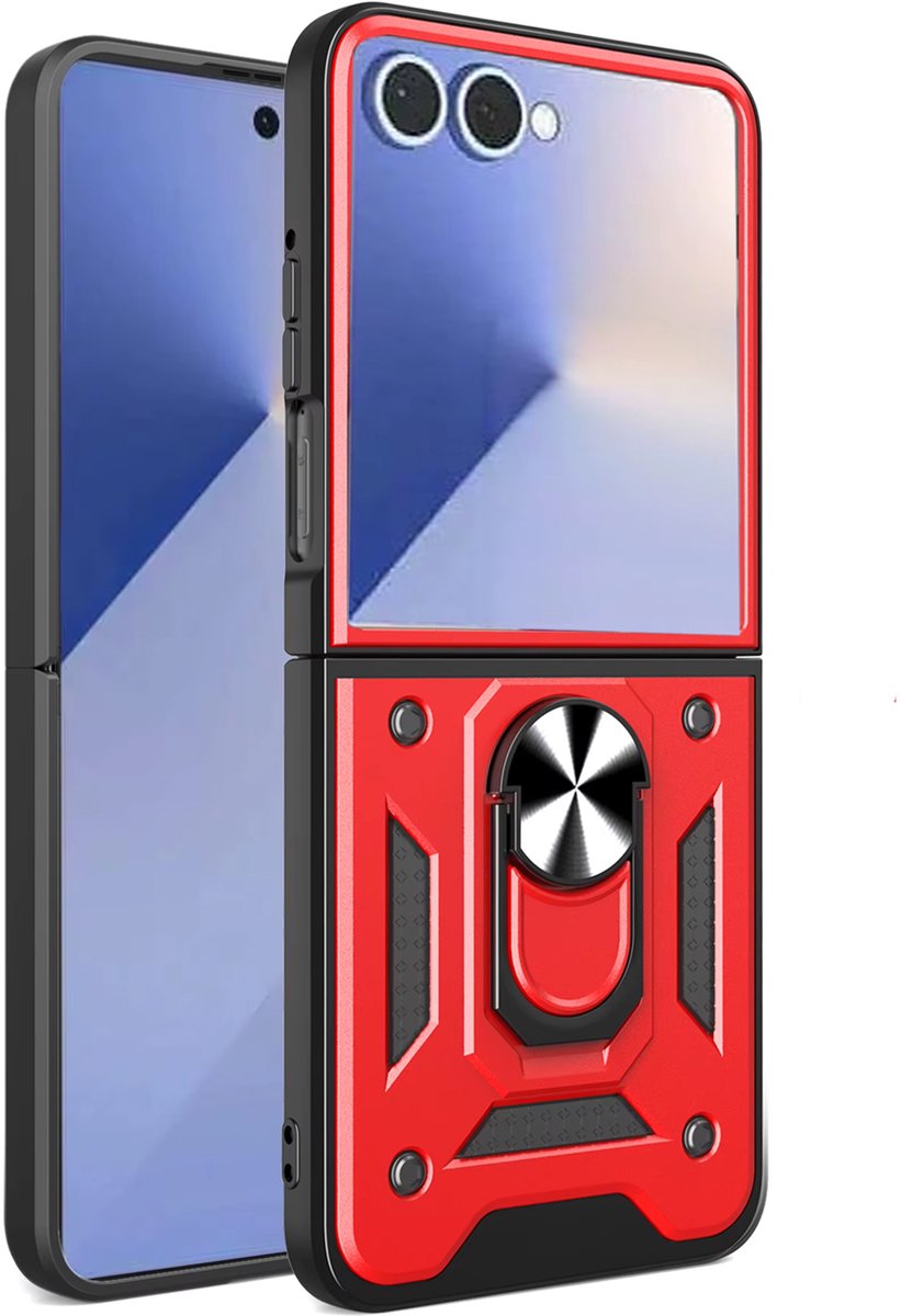 Hoesje Geschikt voor Samsung Galaxy Z Flip8 - Rood - Casemania Anti-Shock Hybrid Armor Back Cover - Hoes met Kickstand Ring