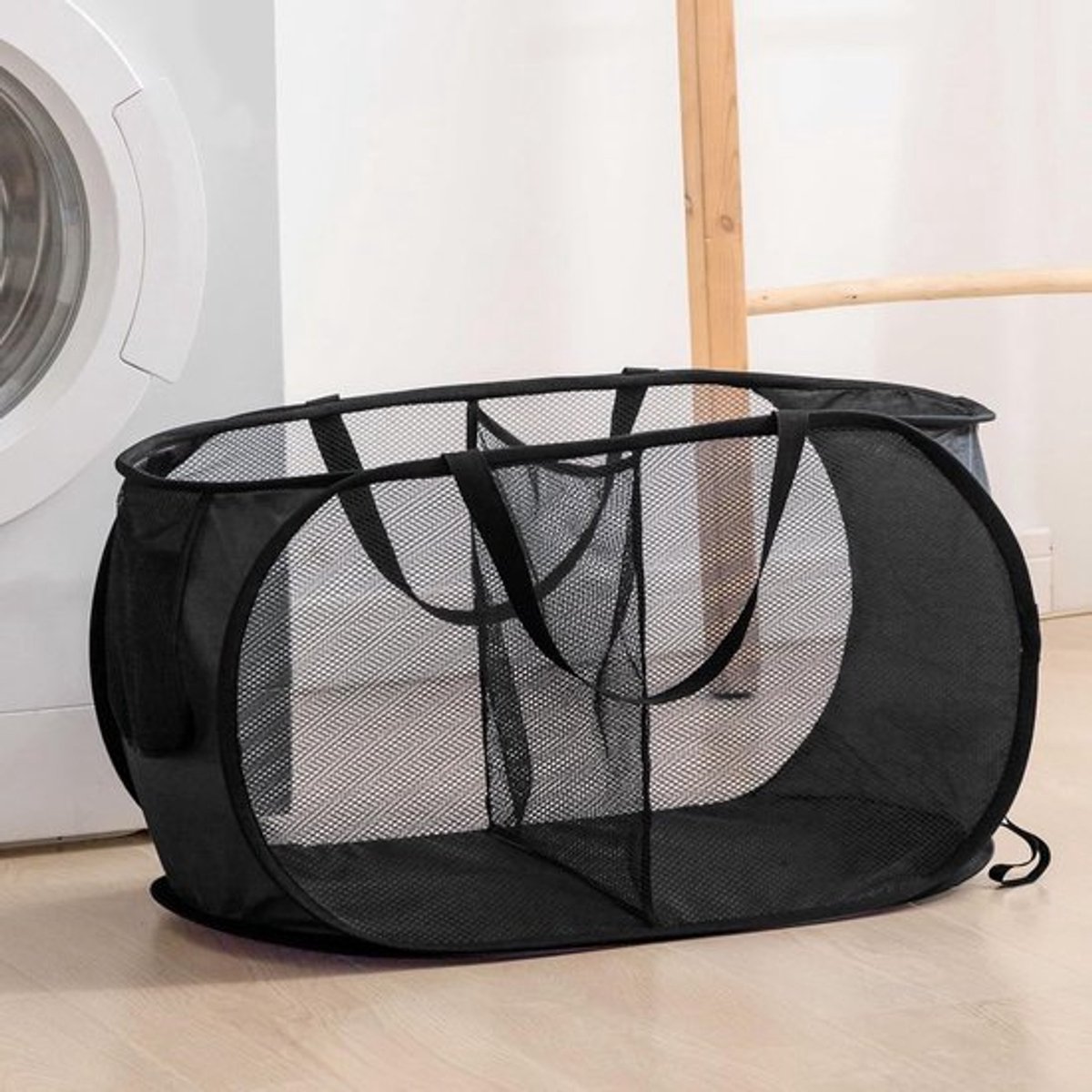 Opvouwbare wasmand met 2 compartimenten - zwart - multifunctioneel