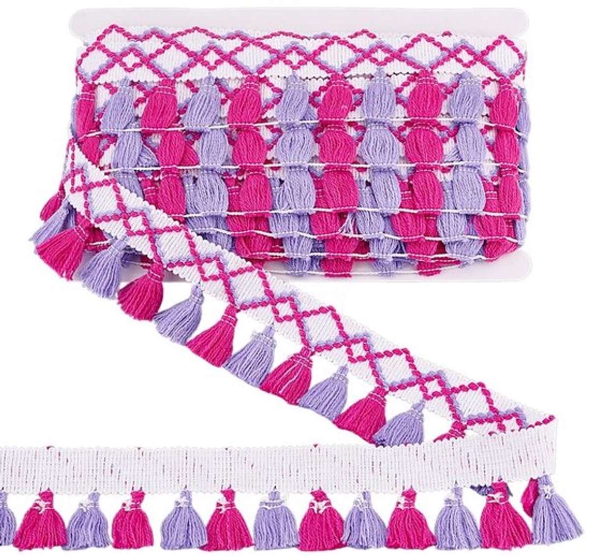 Kwastfranjes 9,1 m × 50 mm - Kleurrijke Polyester Kwasten - Tweekleurige Gordijnrand - Decoratie voor Naaien/Knutselen - Magenta/Paars Design