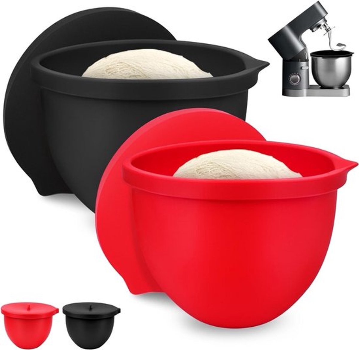 Siliconen Inzet Liner voor 4.8L Keuken Mengkom, Mengkom met Deksel voor Keuken, Bescherming voor Deegkom (Rood + Zwart 5Qt)