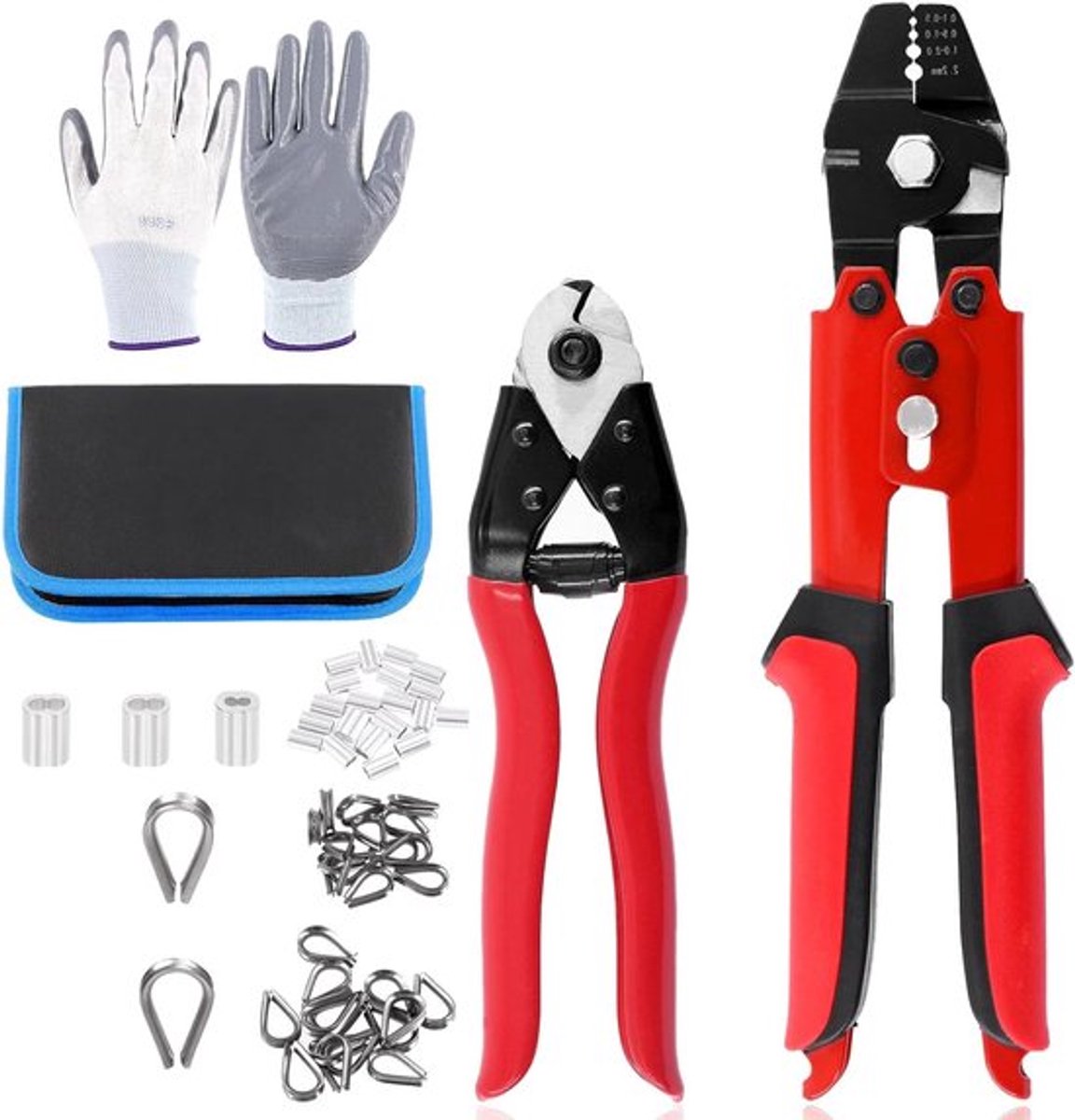 Complete Set van 83 Stuks: Draad Kabel Crimp Tool, Kabel Cutter, Aluminium Crimp Sleeves en Roestvrijstalen Kabel Thimbles met Anti-Cutting Handschoenen
