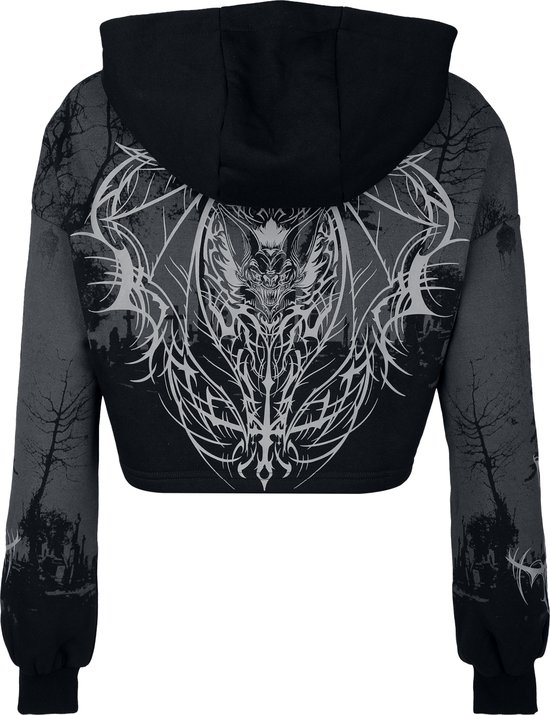Achterkant van een zwarte crop hoodie met een grote grafische print van een demonische kop met vleugels en een boslandschap.