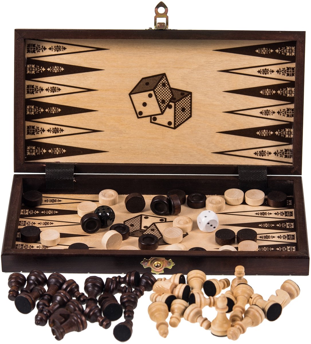 LION Mini 3-in-1 Houten Spel: Schaak, Dammen & Backgammon (26,5 cm)