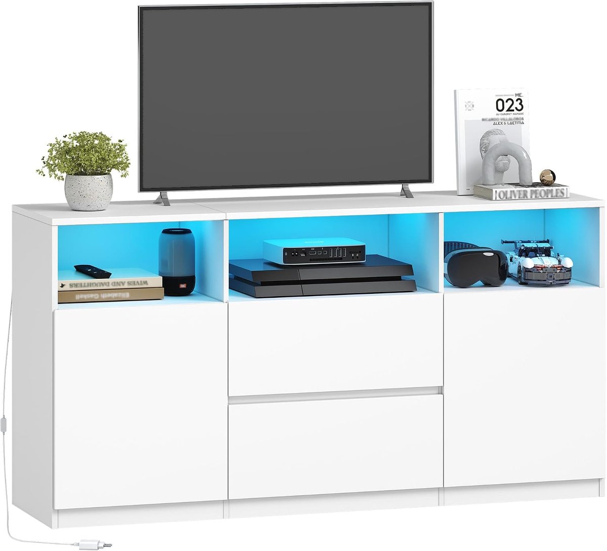 Hzuaneri TV-standaard, met RGB LED-verlichting (25 kleuren) en afstandsbediening, mediaconsole met 3 lades, twee kasten en open opbergruimte, 147 x 40 x 76 cm, wit