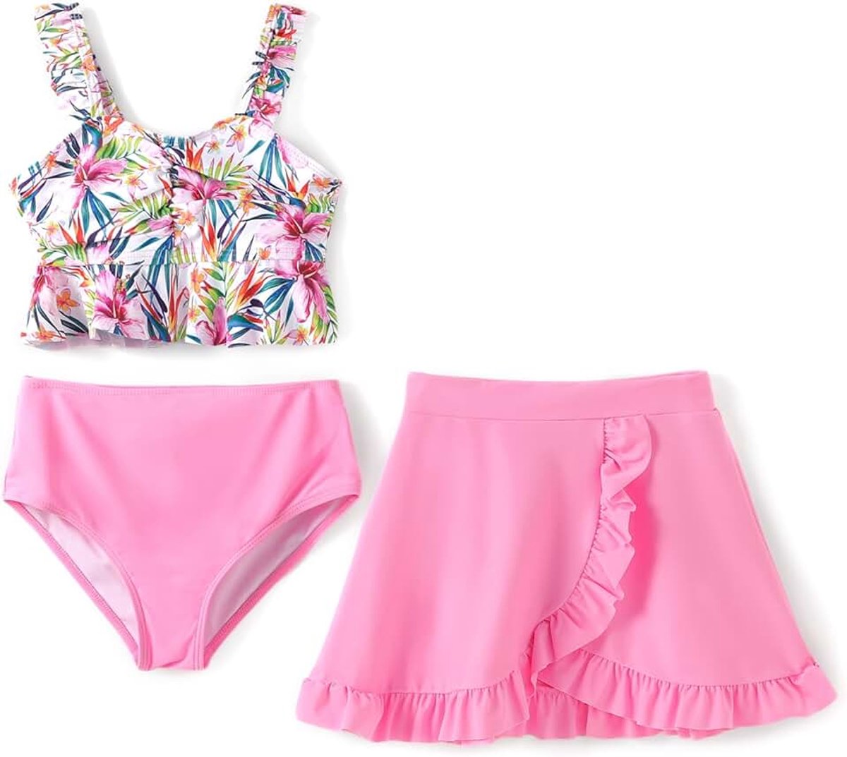 Bikinibadpakset voor meisjes, 3-delige tankiniset met top, shorts en zwemrok, zwemkleding voor kinderen, zwemkleding met bloemmotief, maat 5-12 jaar