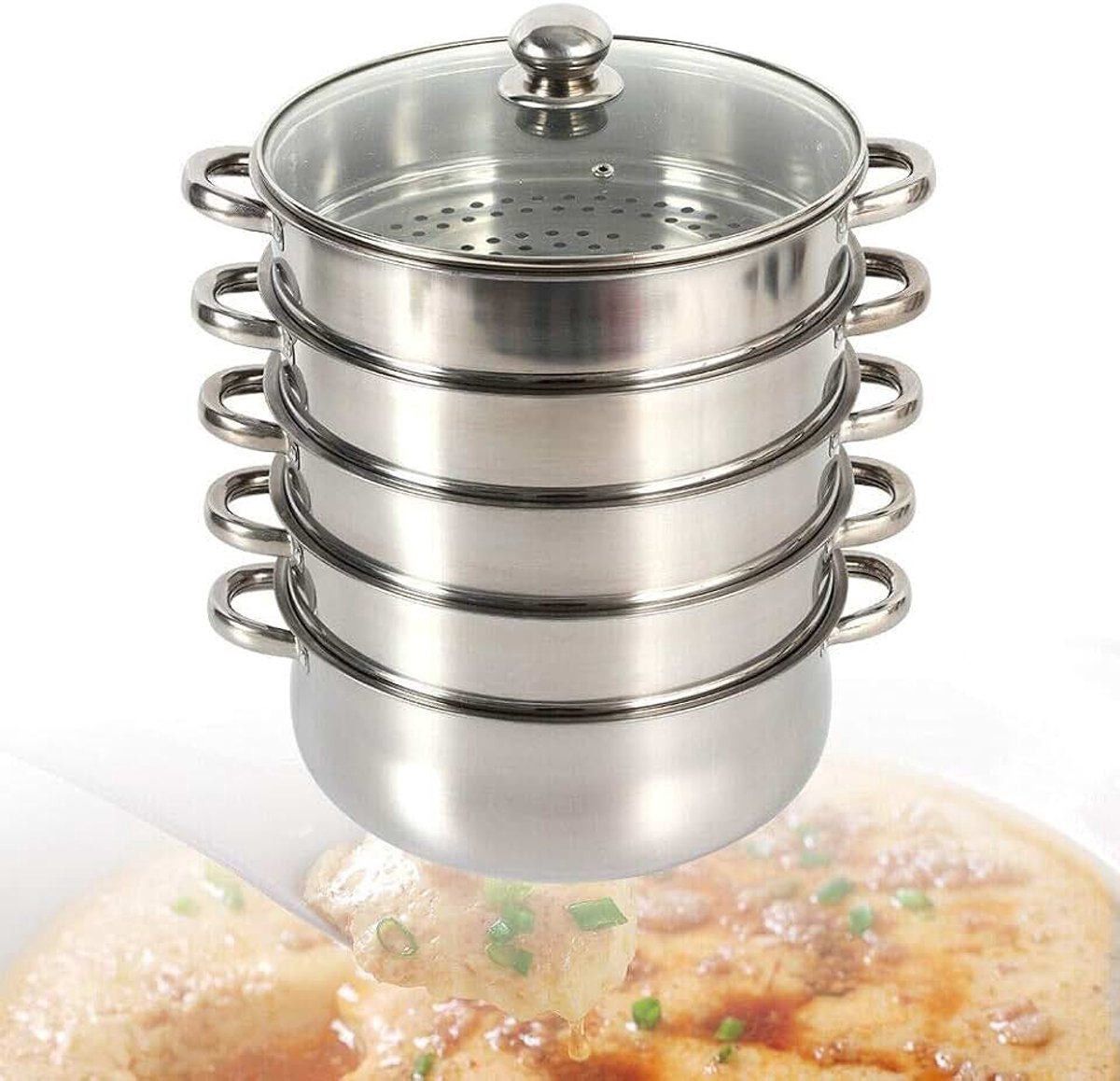 5-laags, inductie stoompan, stoomrooster, roestvrij staal, stoompan, pan met glazen deksel, onderste pan, stoompan, diameter 28 cm