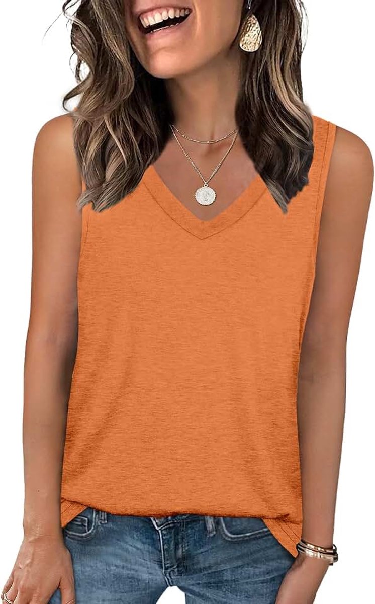 Chique en elegante damestanktop, V-hals, zomer, mouwloze tops, abrikoos