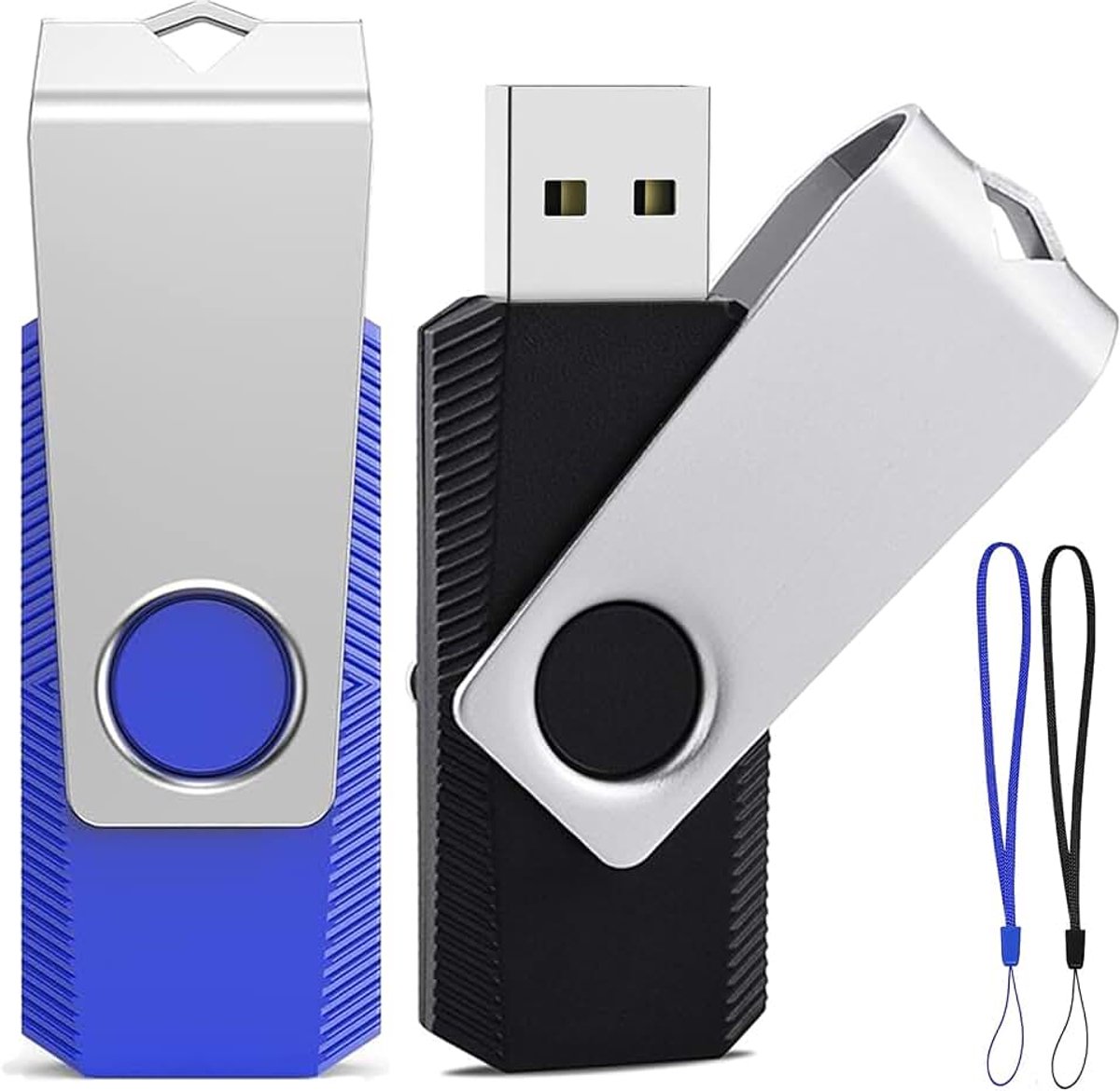Stick 1GB 2 Pieces USB 2.0 Draaibare Memory Stick (blauw Zwart) | High Speed Hoge Snelheid Thumb Drives met lanyards