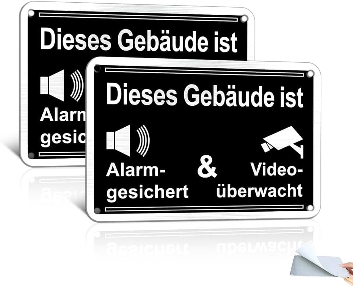 2 x bord videobewaking sticker Dit object is beveiligd tegen alarm en wordt videobewaking 15 x 10 cm metaal geborsteld aluminium zwart
