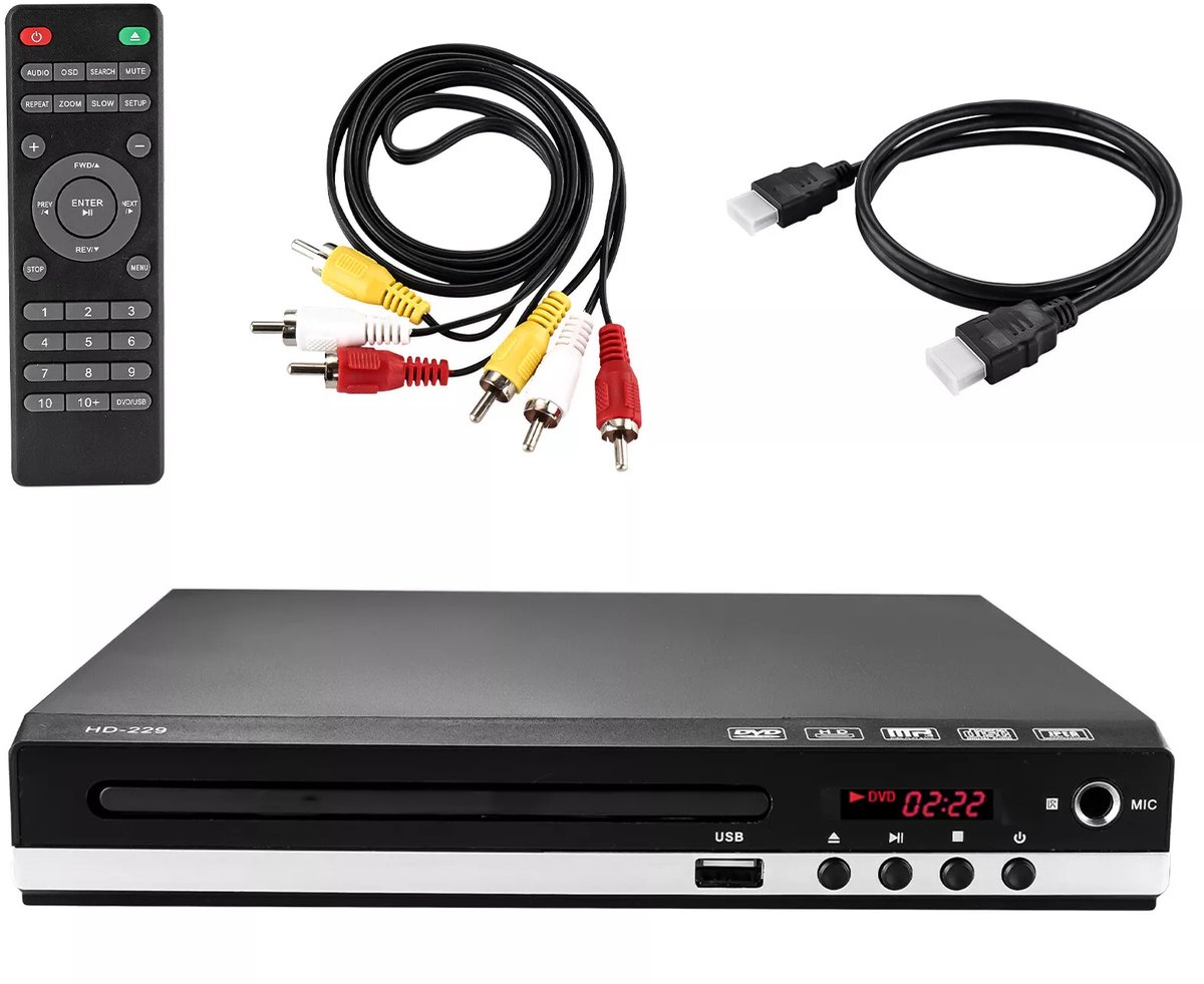 dvd-speler - Uitgerust met HDMI-, USB- en AV-aansluitingen - 1080p - Speelt dvd's, cd's en vcd's af - USB-aansluiting voor het afspelen van films en foto's - High-definition mini-cd - Inclusief afstandsbediening - Zwart