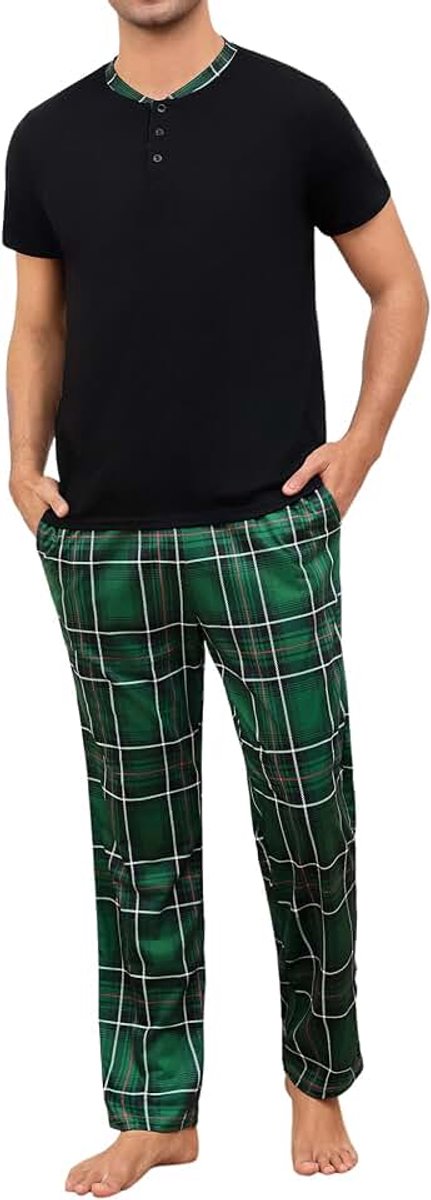 Pyjama heren pyjama top ronde hals korte mouwen en lange broek geruit tweedelige pyjama comfortabele huiskleding S-3XL