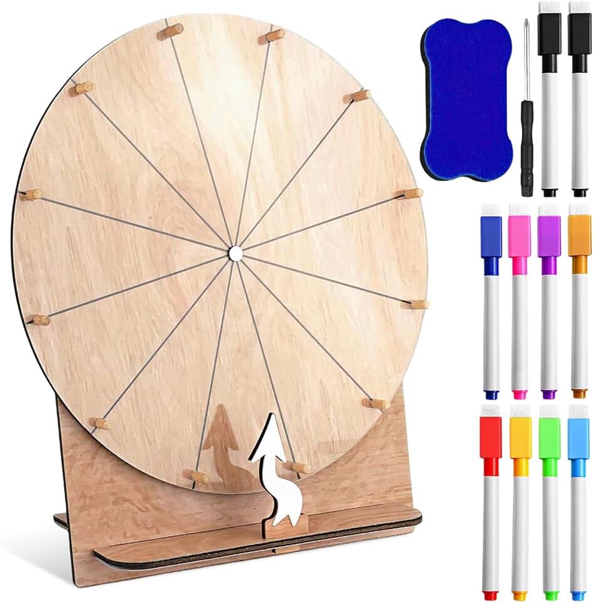 Gelukswiel om te draaien, 35 cm, 12 sleuven, gelukswiel om zelf vorm te geven, met markeerstift, grote gelukswielset, houten gelukswiel, draaibaar prijswiel voor carnaval, beurzen, geluksfietsspellen