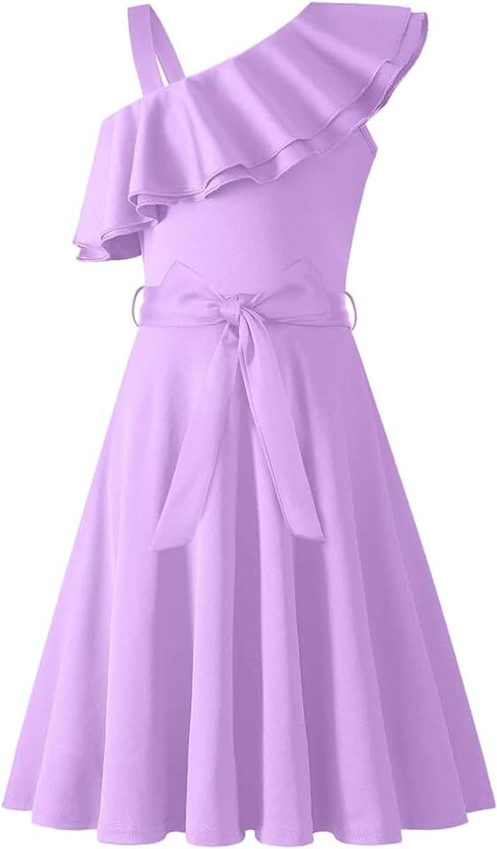 Meisjesjurken, één schouder, kinderjurk, zomer, feestelijke jurk, ruches, elegante partyjurk, swingjurk met riem, mouwloze jurk voor meisjes van 5-13 jaar