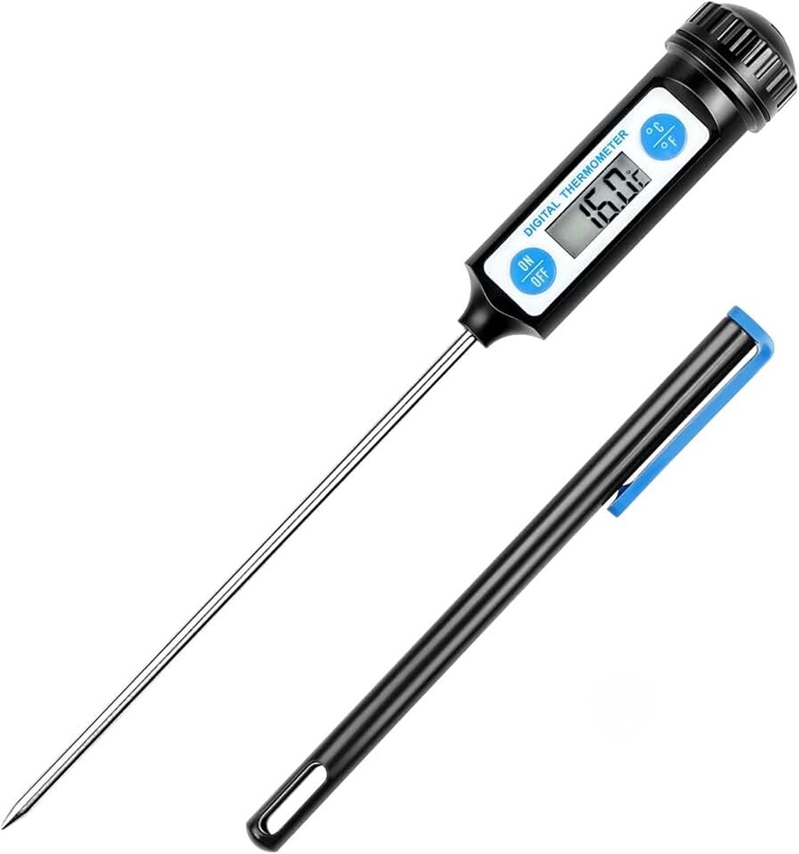 Kookthermometer, digitale keukenthermometers met lange sonde en LCD-scherm voor levensmiddelen, vlees, olie, melk, wijn, BBQ en heet water - zwart