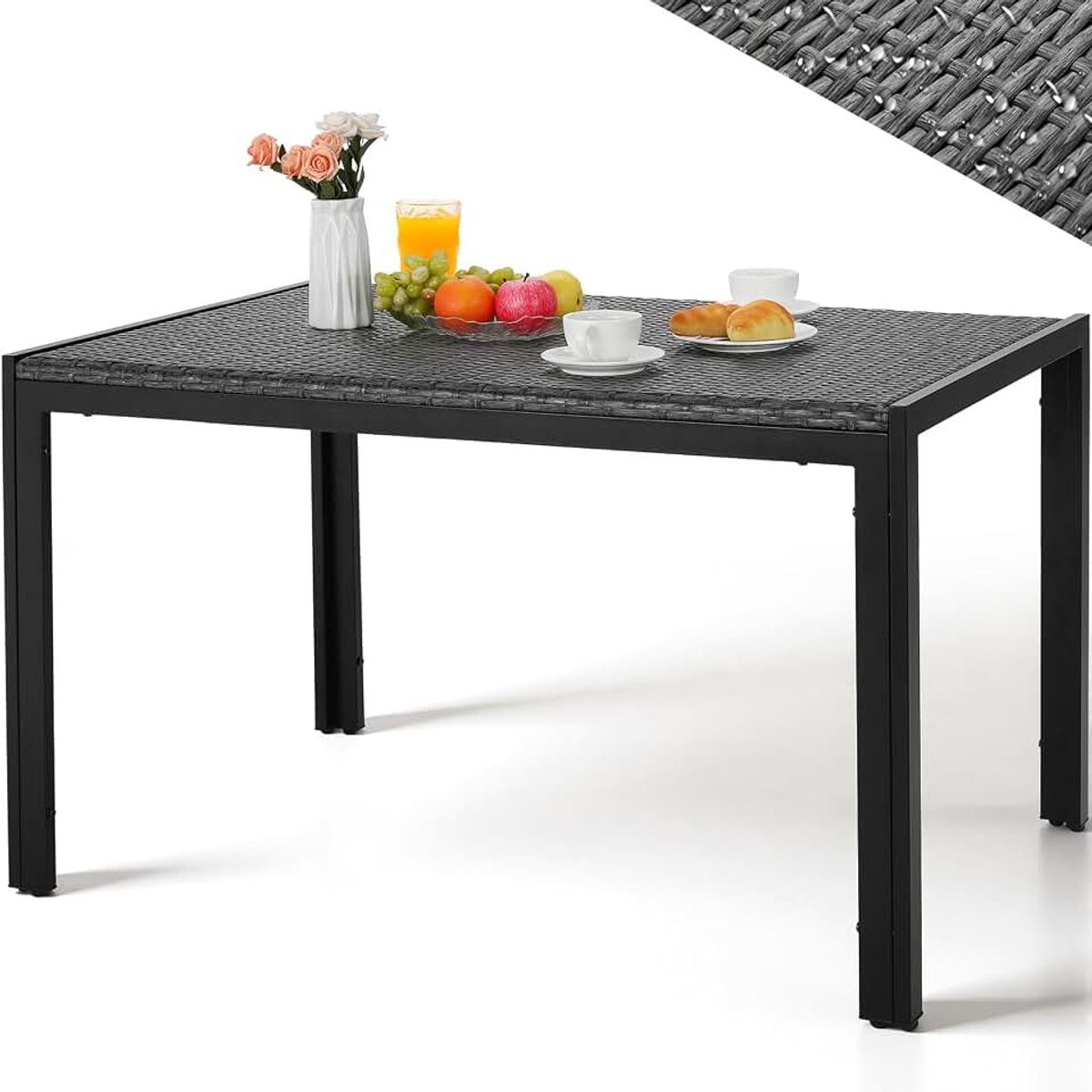 Tuintafel, PE-rotan, 119 x 74 cm, rechthoekige eettafel, voor 6 personen, weerbestendige balkontafel, in hoogte verstelbaar, stabiel metalen frame, terrastafel voor tuin, balkon, outdoor