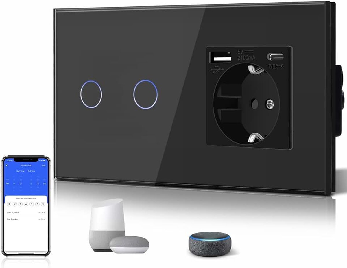 Slimme 1-weg touch-schakelaar met 2 knoppen en wifi, standaard geaard stopcontact met usb en usb-C, compatibel met Alexa, Tuya, Smart Life, nulleider vereist, zwart
