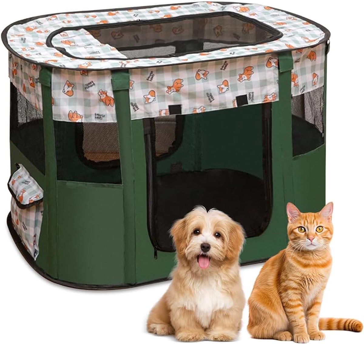 Puppybox voor huisdieren, opvouwbare omheining, puppyuitloop, rechthoekige tent, draagbaar hok voor kittens, puppy's en konijnen (donkergroen)