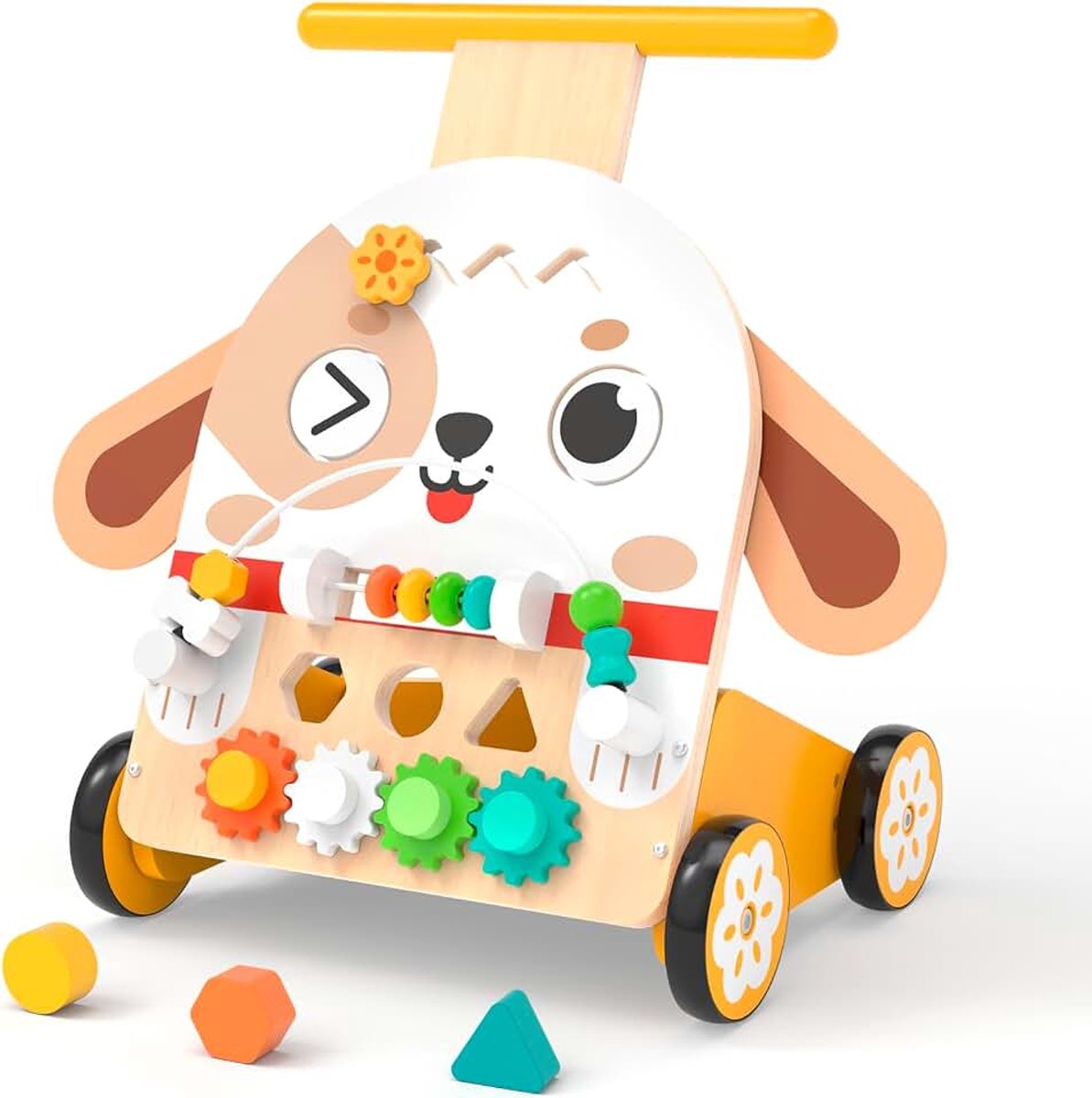 Loopwagen, hout, hond, 6-in-1, vanaf 1 jaar, motoriek | Loopwagen in schattig hondendesign, 6-in-1: parellabyrint, vormensorteerder, tandwielen, klok & spinner