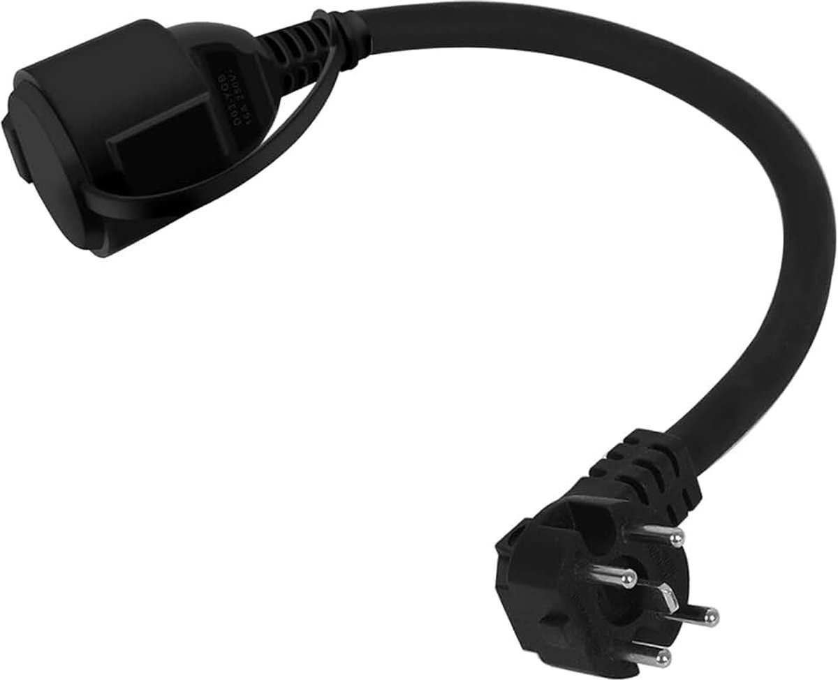 Perilex 16 A naar Eurostekker 0,5 m kabel 3G 2,5 mm², adapter Perilex 16 A hoekstekker op Schuko koppeling ca. 0,5 m kabel