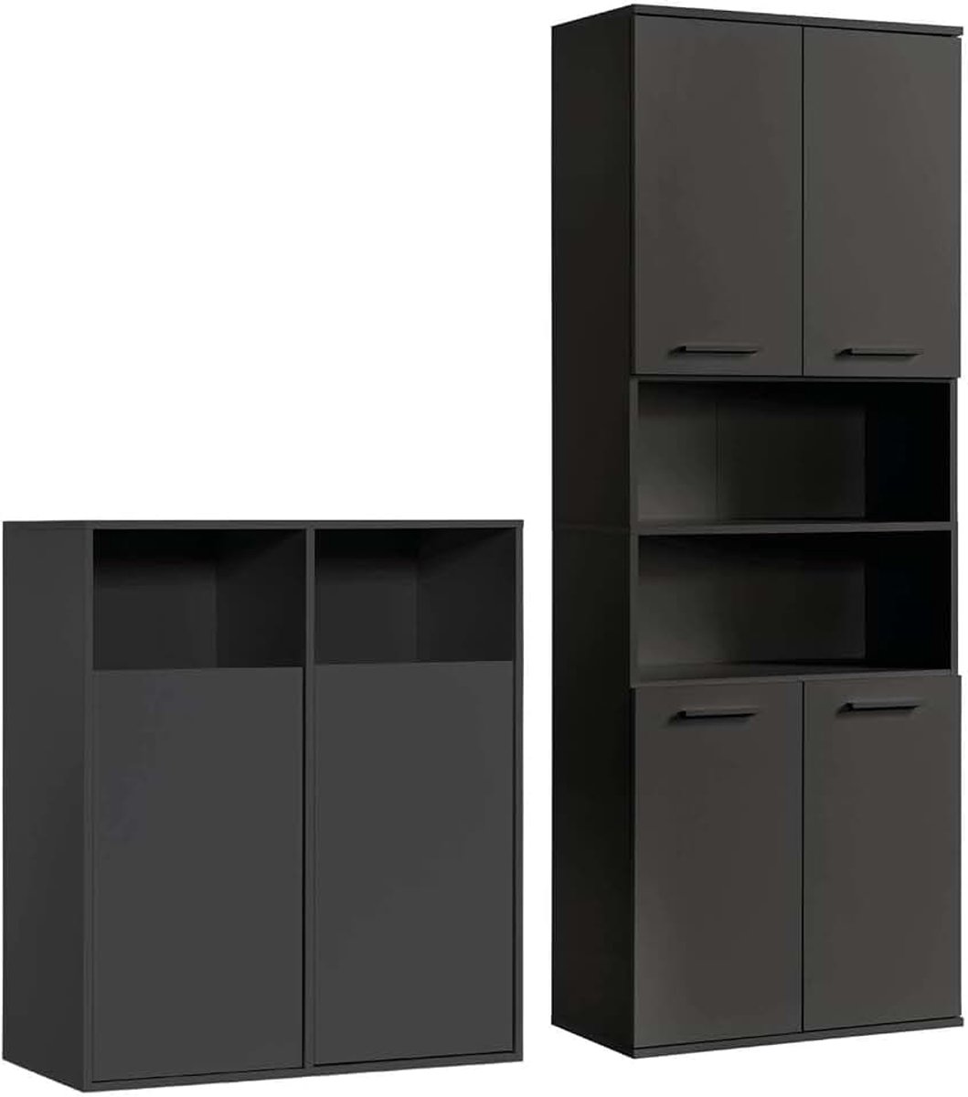 Mokebo Badmeubelset 'Der Steuermann' (2-delig) Made in Germany, Badkamerset van hout in Anthrazit Schwarz, Compleet set met hoge kast & wasgoedkast, Badkamerkasten | Anthrazit Schwarz