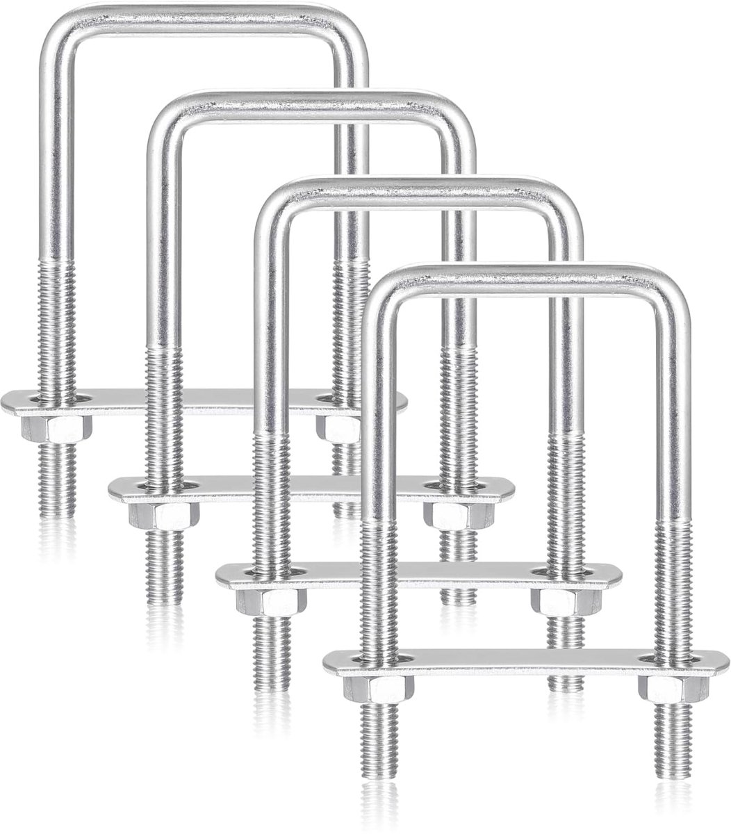 4 stuks Frameriemen U-beugels, M8 70 x 110 mm, roestvrij staal, beugelschroeven met moeren