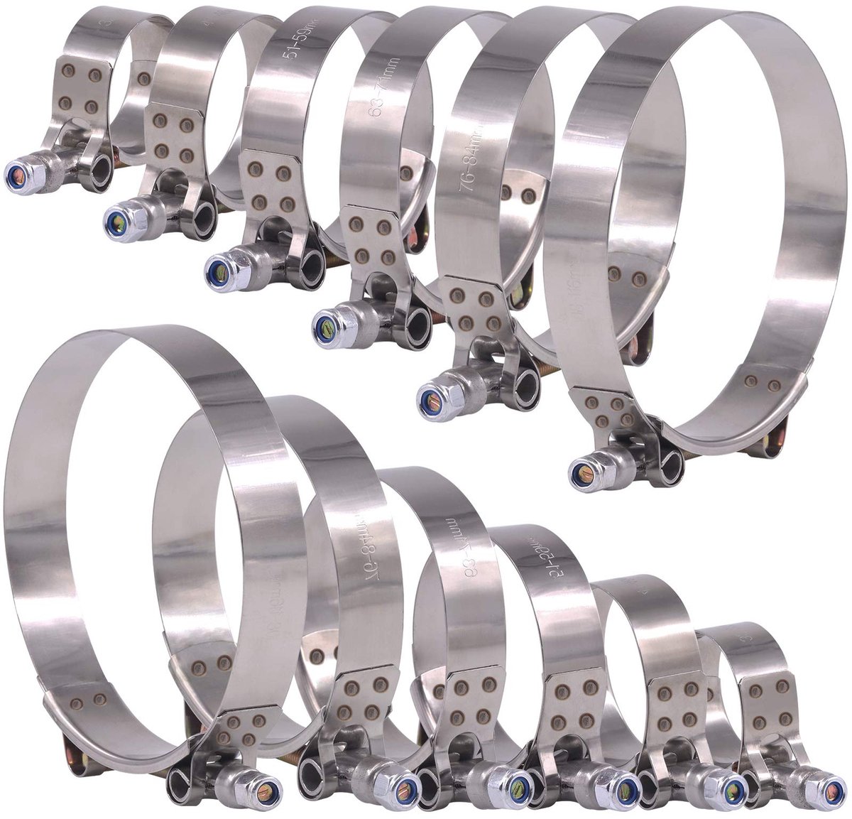 12 stuks roestvrijstalen buisklemmen met T-bouten, 6 maten, 32-116 mm, assortiment voor zuigturbo, zachte slangen, koelers