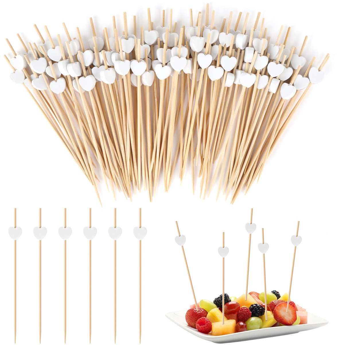 spiesen, fruitspiesen, 12 cm cocktailspiesen, bamboe tandenstokers met hartvormig, houten spiesen, cocktaildecoratie-accessoires voor verjaardag, bruiloft en carnavalsfeest