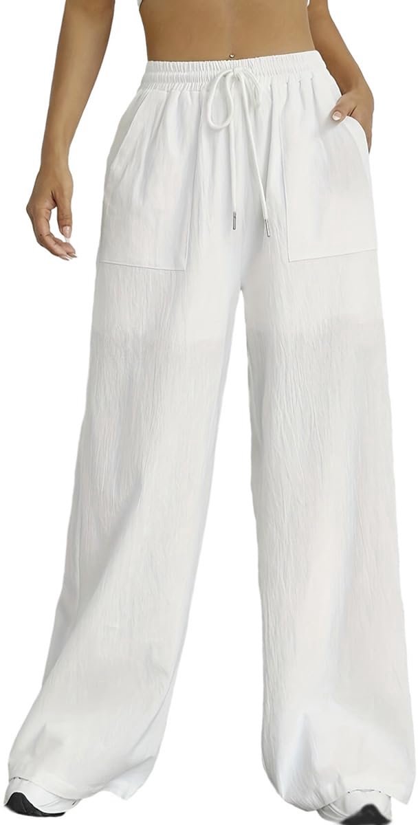 Broek voor vrouwen UK katoen linnen trekkoord elastische taille zakken lichtgewicht losse lange yoga broek strand vakantie