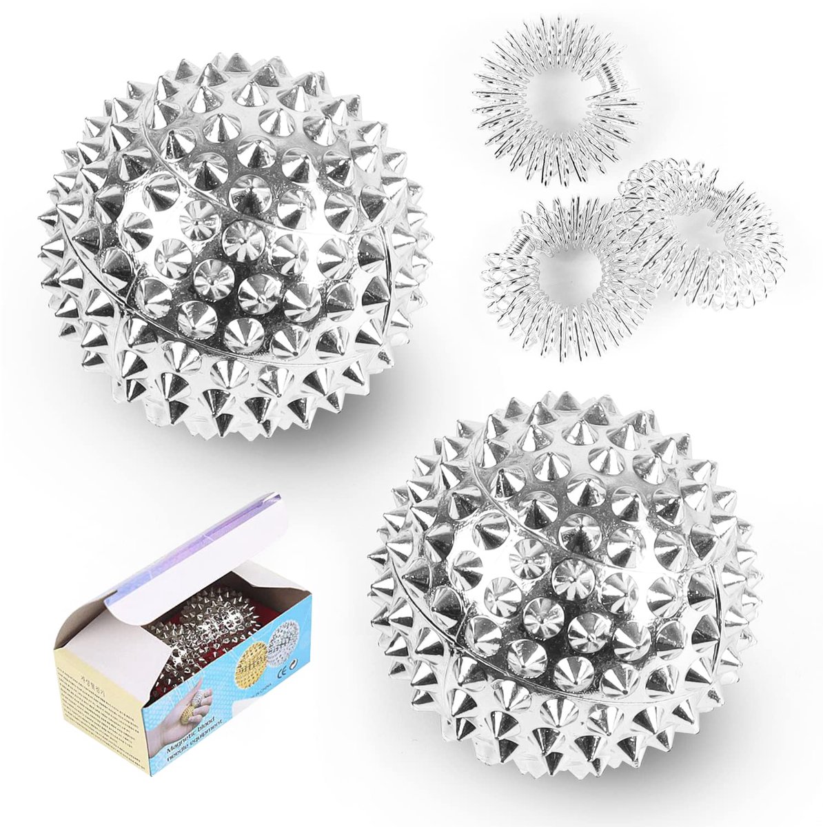2 stuks magnetische acupressuurballen & 3 stuks massageringen voor vinger-egelbalmassage kleine 32 mm diameter skills borderline set voor stressvermindering of massage (zilver)