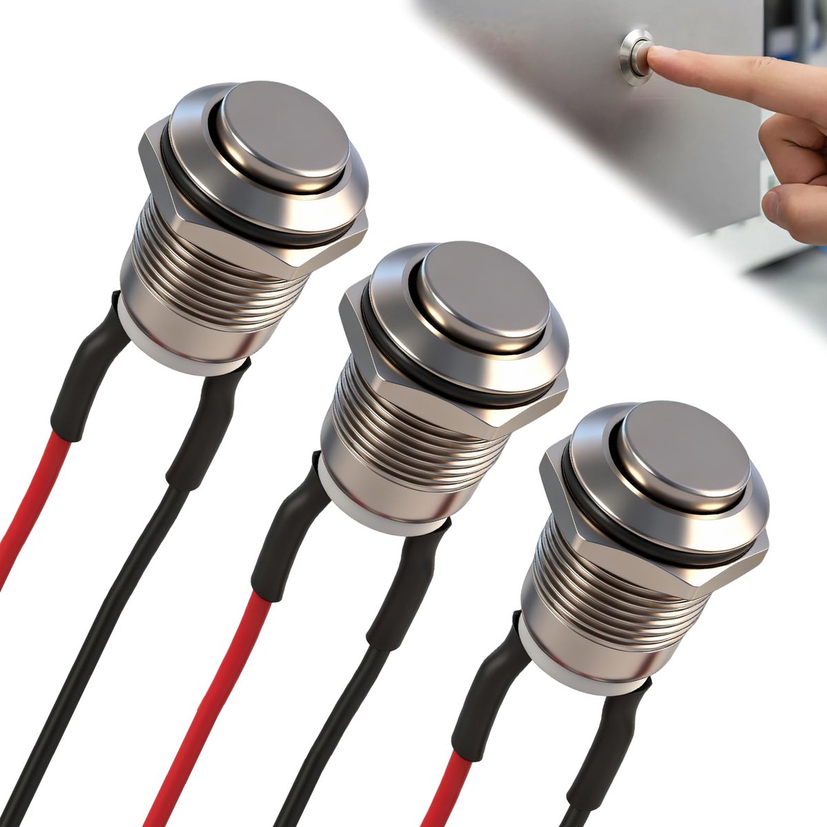 3 stuks drukknop 12 mm, drukknop met roestvrijstalen kabel, metallic, momenteel, roestvrij staal, aan/uit, 2 A, 12 V/24 V/125 V/220 V, met hoge kop, ideaal voor claxon, auto, huis