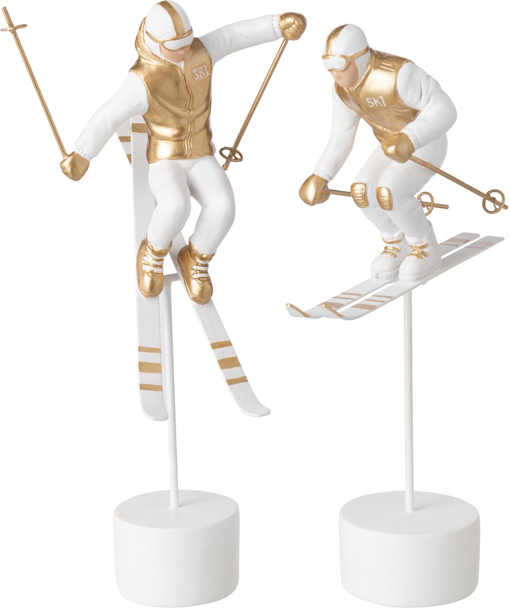 J-Line Wedstrijdskiër - polyresin - wit/goud - assortiment van 2