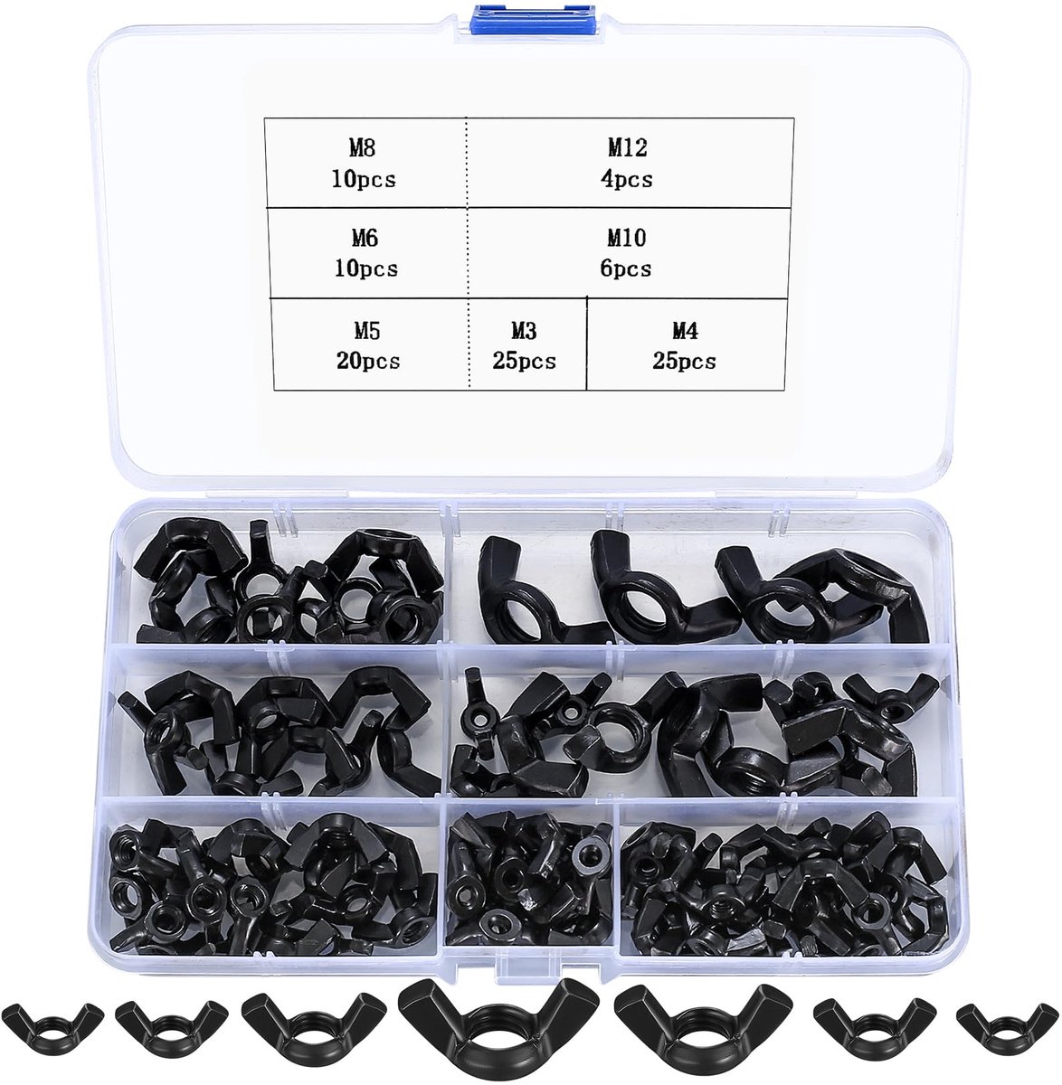 100 stuks vleugelmoeren assortiment kit, koolstofstaal vleugelschroeven, vlindermoer, vleugelmoeren voor doe-het-zelvers, doe-het-zelf gereedschap, elektronische apparaten, hardware, M3/M4/M5/M6/M8