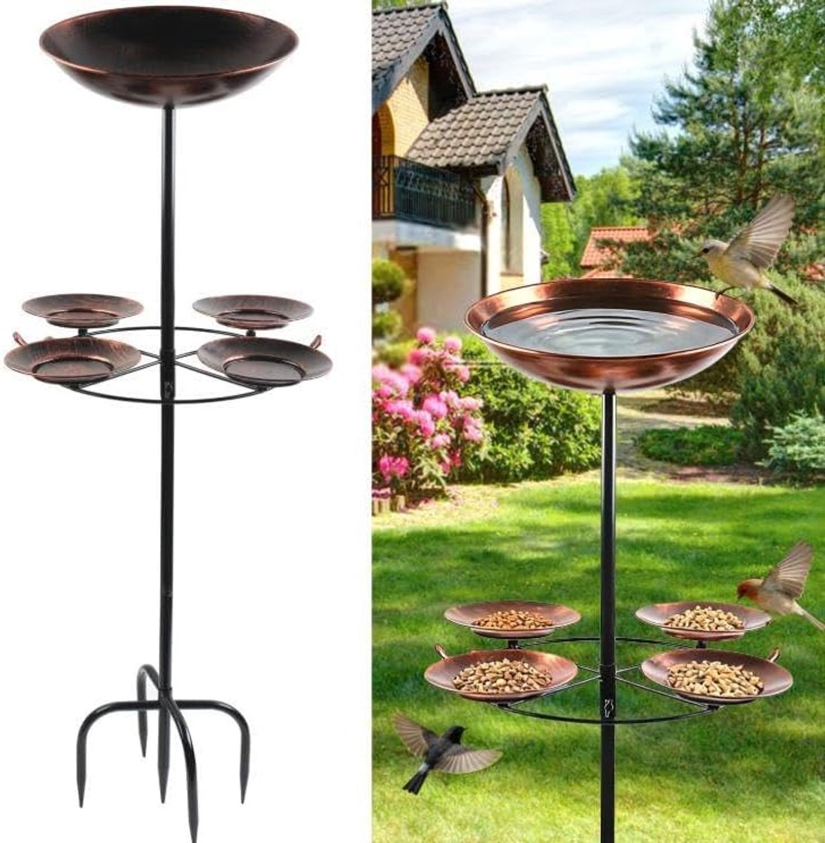 Vogelbad staand, 105 x 44,5 cm, vogelbad tuin met 5 tanden, stabiele basis, waterbad voor vogels, multifunctionele 5 kommen voor baden, drinken en voeden, voor tuin, terras, balkon