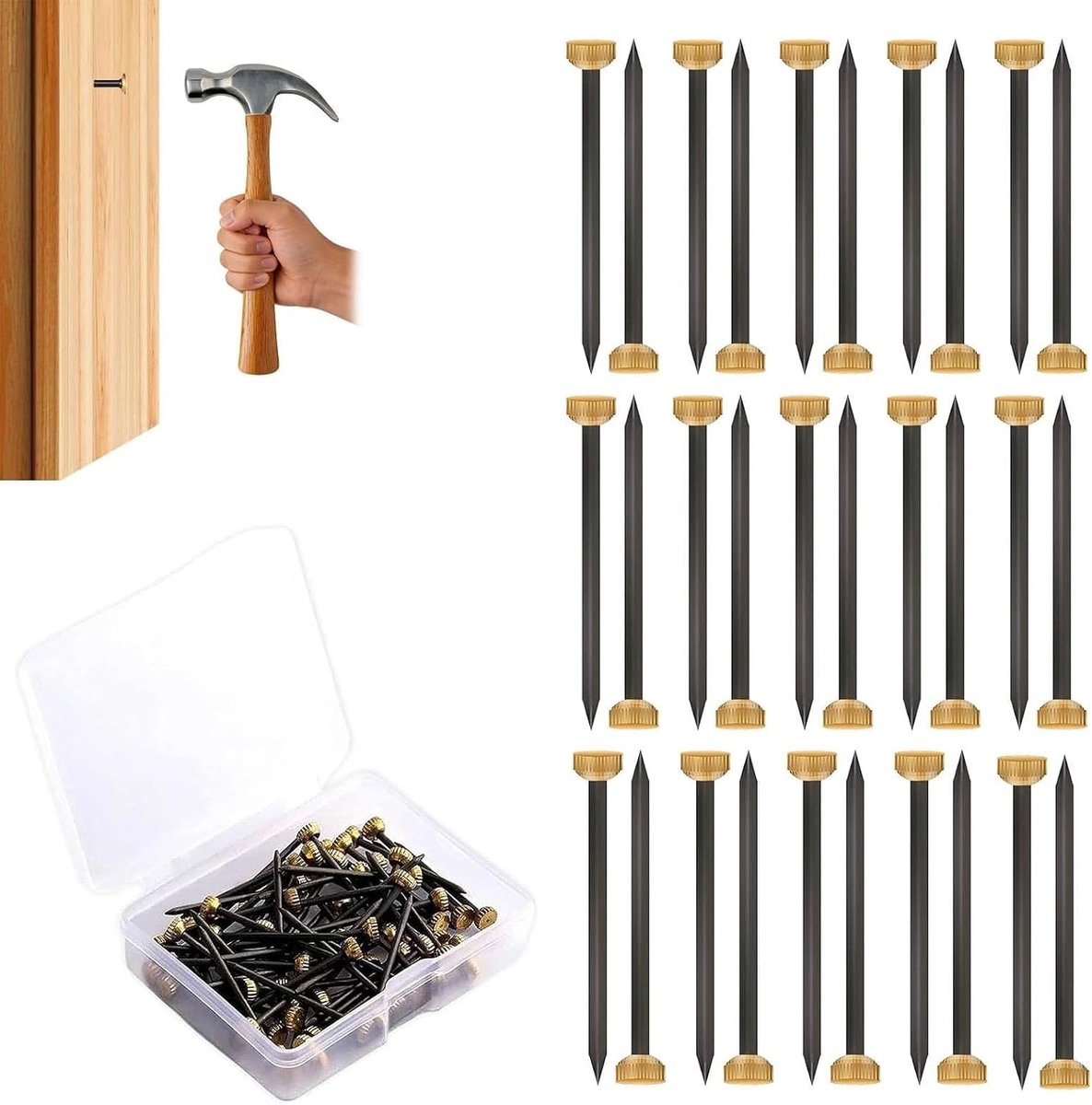 120 stuks nagels voor het ophangen van foto's met messing kop, voor het ophangen van foto's, messing kop, muur, metselwerk, spijkers haak met plastic opbergdoos voor opknoping fotolijst