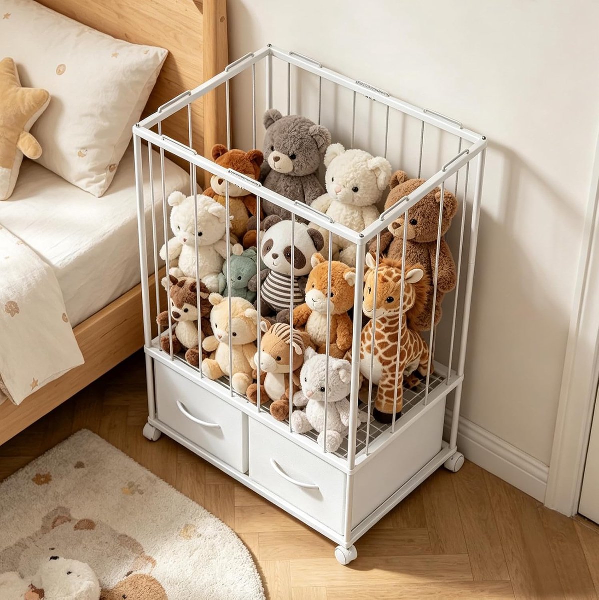 Opbergstandaard voor knuffeldieren, opbergstandaard met laden en wielen voor pluche dieren, stabiele metalen buisconstructie, knuffeldierenrek, ideaal voor babykamer, slaapkamer en speelkamer